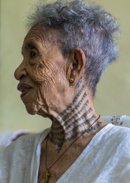 Ethiopian veteran woman from the italo-ethiopian war with tattoes in the neck, Addis Ababa Region, Addis Ababa, Ethiopia