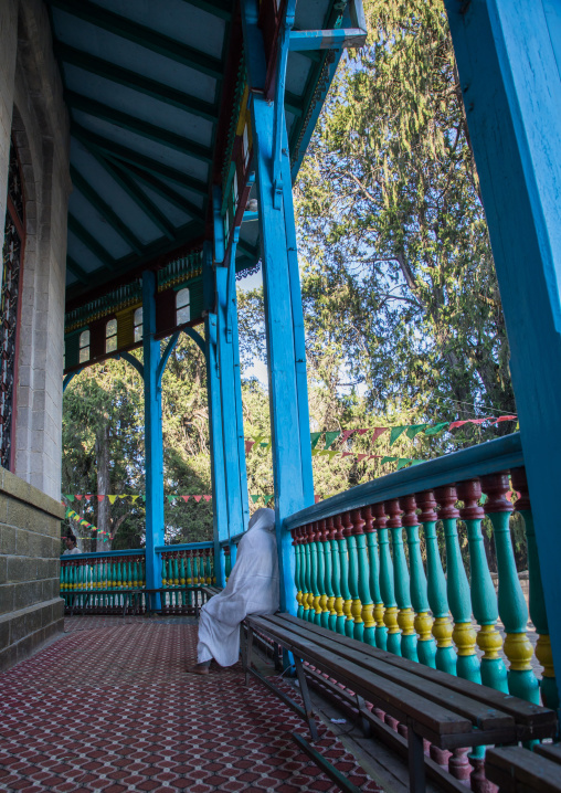 Ethiopian pilgrim woman in Entoto orthodox Maryam Church, Addis Ababa Region, Addis Ababa, Ethiopia