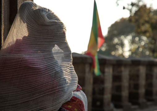 Ethiopian orthodox woman praying in Entoto orthodox Maryam Church, Addis Ababa Region, Addis Ababa, Ethiopia