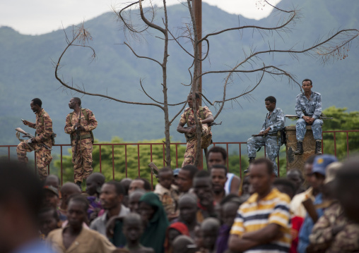 Ethiopian Army Monitoring Suri People During A Ceremony Organized By The Government, Kibish, Omo Valley, Ethiopia