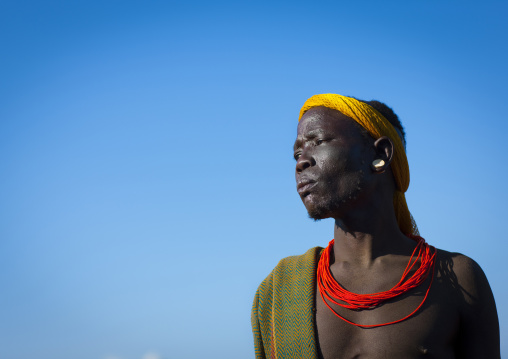 Colourful Bodi Tribe Man With Yellow Headband, Hana Mursi, Omo Valley, Ethiopia