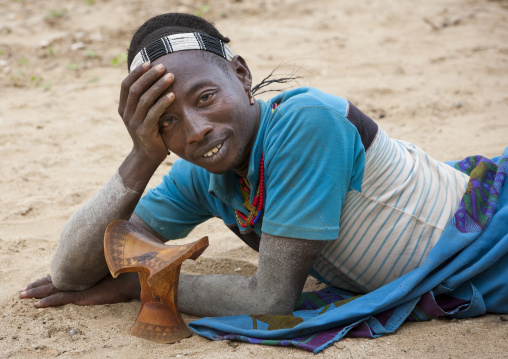 Hamar Tribe Man And Traditonnal Headrest, Turmi, Omo Valley, Ethiopia