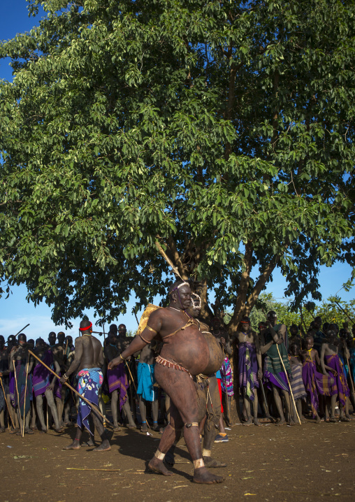 Bodi Tribe Fat Men Running During Kael Ceremony, Hana Mursi, Omo Valley, Ethiopia