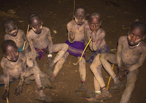 Bodi Tribe Children During Night Ceremony Of The Kael, Hana Mursi, Omo Valley, Ethiopia