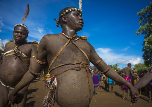 Bodi Tribe Fat Men Running During Kael Ceremony, Hana Mursi, Omo Valley, Ethiopia