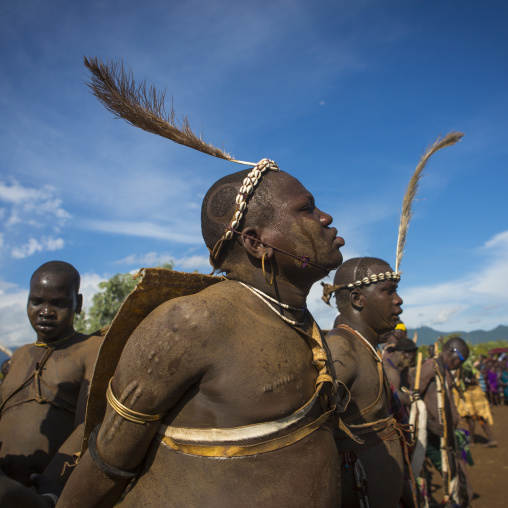 Bodi Tribe Fat Men Running During Kael Ceremony, Hana Mursi, Omo Valley, Ethiopia