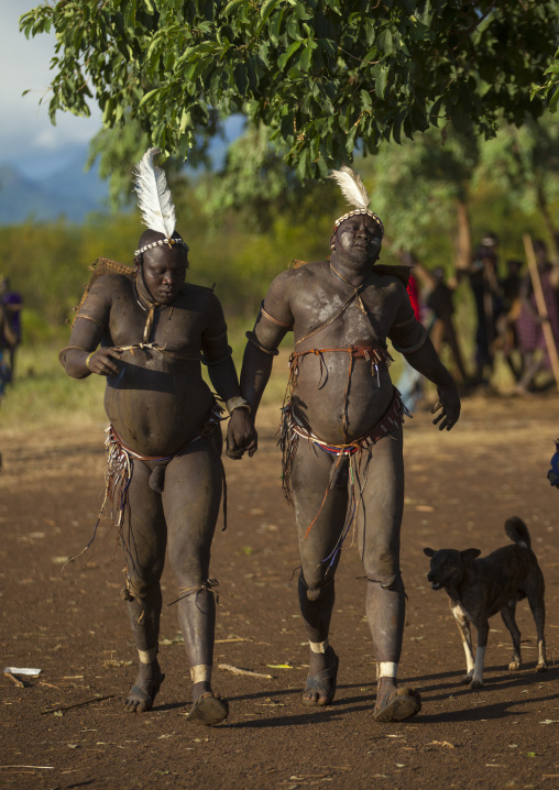 Bodi Tribe Fat Men Running During Kael Ceremony, Hana Mursi, Omo Valley, Ethiopia