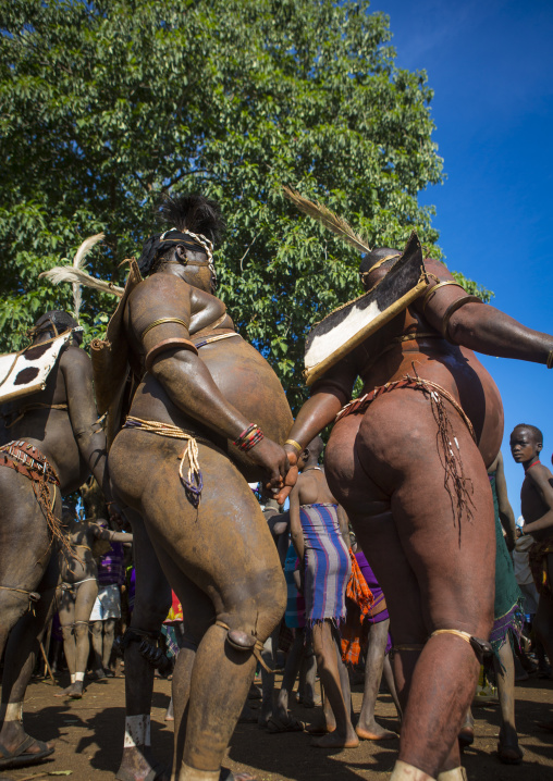 Bodi Tribe Fat Men Running During Kael Ceremony, Hana Mursi, Omo Valley, Ethiopia