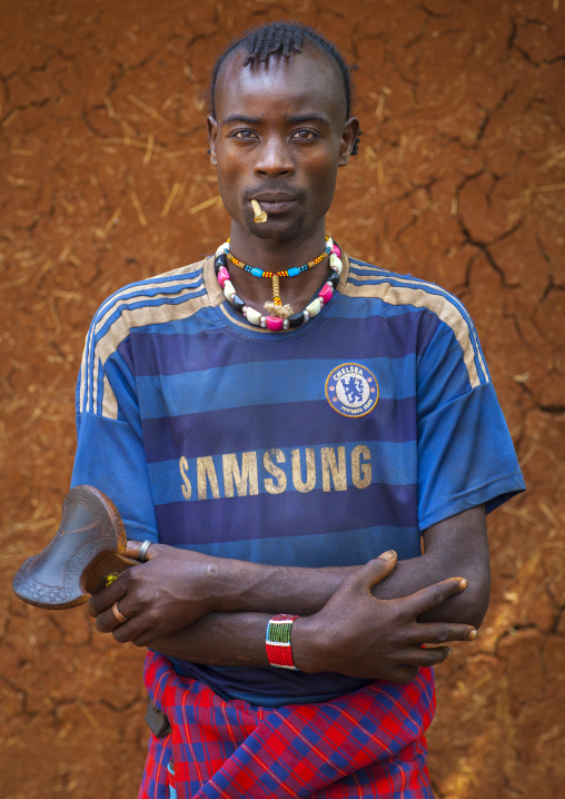 Hamer Tribe Man With A Chelsea Football Shirt, Turmi, Omo Valley, Ethiopia