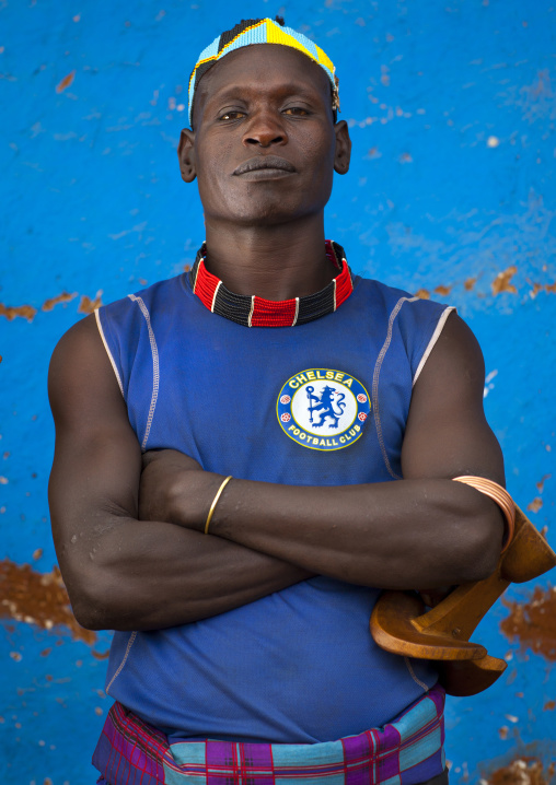 Hamer Tribe Man With A Chelsea Football Shirt, Turmi, Omo Valley, Ethiopia