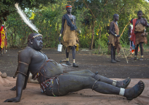 Bodi Tribe Fat Man Resting During Kael Ceremony, Hana Mursi, Omo Valley, Ethiopia