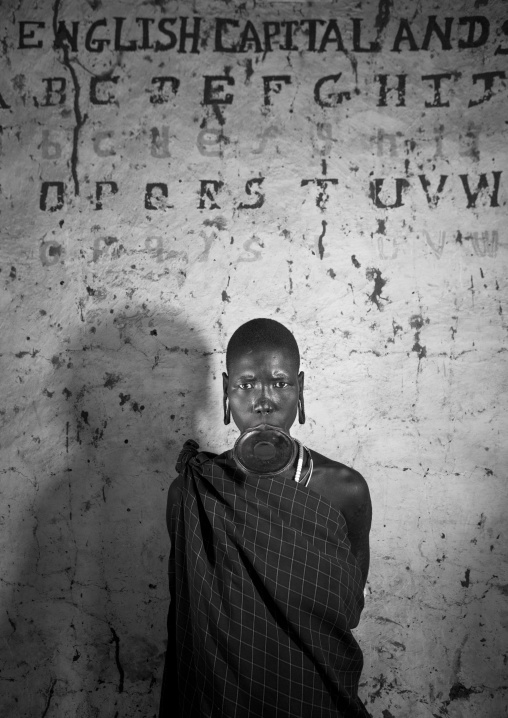 Mursi Tribe Woman In A School, Mago Park, Omo Valley, Ethiopia