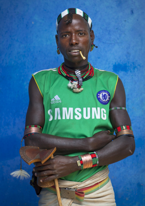 Hamer Tribe Man With A Chelsea Football Shirt, Turmi, Omo Valley, Ethiopia