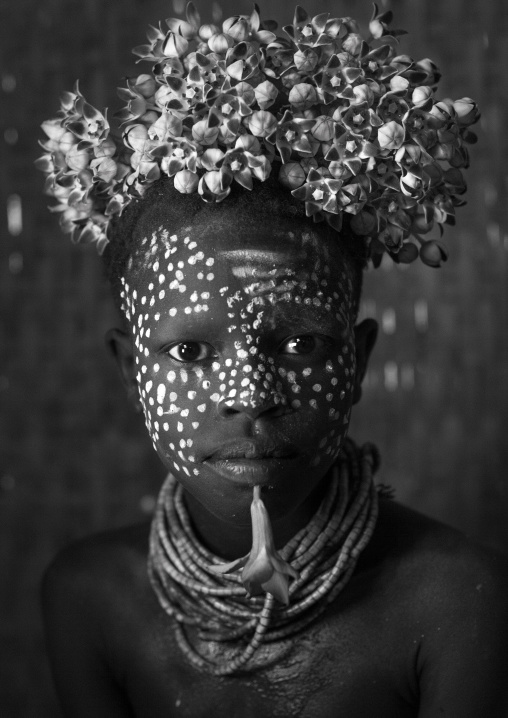 Kid With Flowers Decorations, Korcho, Omo Valley, Ethiopia