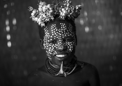 Kid With Flowers Decorations, Korcho, Omo Valley, Ethiopia