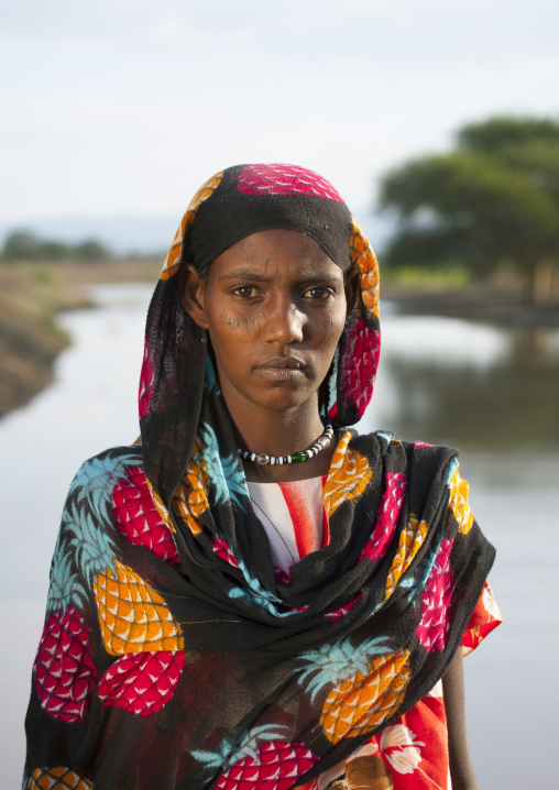 Afar tribe woman with scarifications on her face, Assaita, Afar regional state, Ethiopia