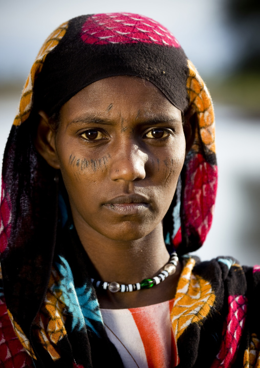 Afar tribe woman with scarifications on her face, Assaita, Afar regional state, Ethiopia