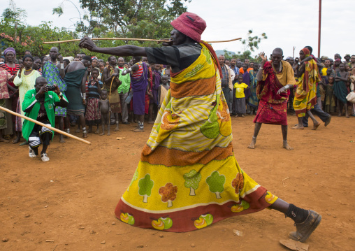 Suri man dancing during a ceremony, Kibish, Omo valley, Ethiopia