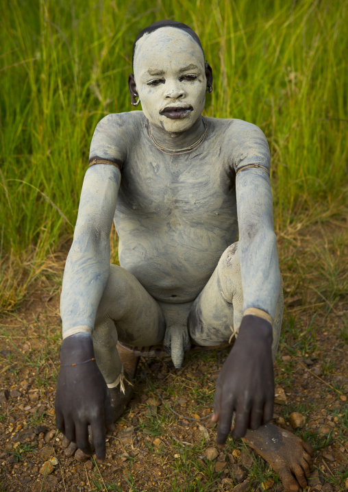 Suri tribe shepherd with body paintings for camouflage, Tulgit, Omo valley, Ethiopia