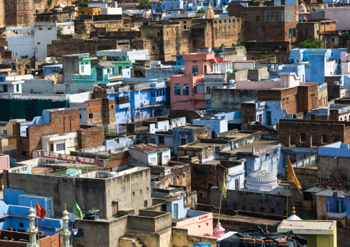 View of the city with the blue brahmin houses, Rajasthan, Bundi, India