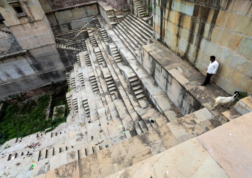 Indian man with his goat in dhabhai ka Kund stepwell, Rajasthan, Bundi, India