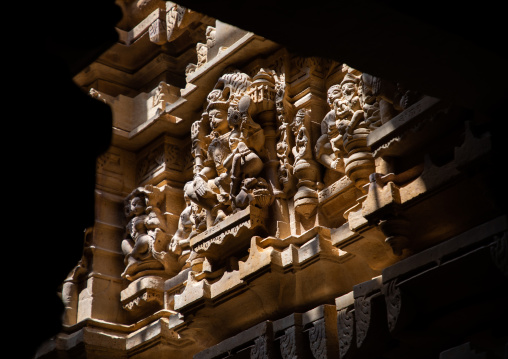 Ancient stone carvings inside the jain temple, Rajasthan, Jaisalmer, India