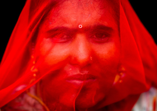 Portrait of a rajasthani woman hidding her face under a red sari, Rajasthan, Jaisalmer, India