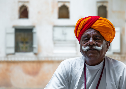 Portrait of a rajasthani guard in the fort in traditional clothing, Rajasthan, Jodhpur, India