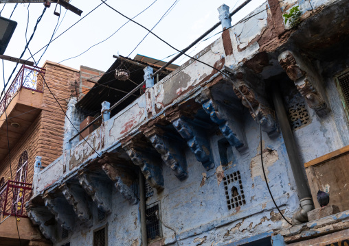 Old balcony of a brahmin blue house, Rajasthan, Jodhpur, India