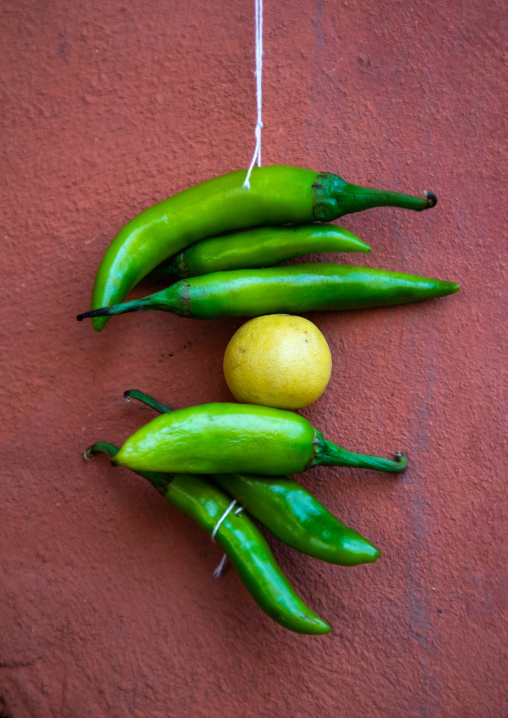 Lemon and green chilli tied on a thread hung outside a door to keep away Alakshmi, Rajasthan, Jaipur, India