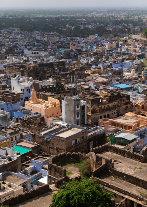 View of the city with the blue brahmin houses, Rajasthan, Bundi, India