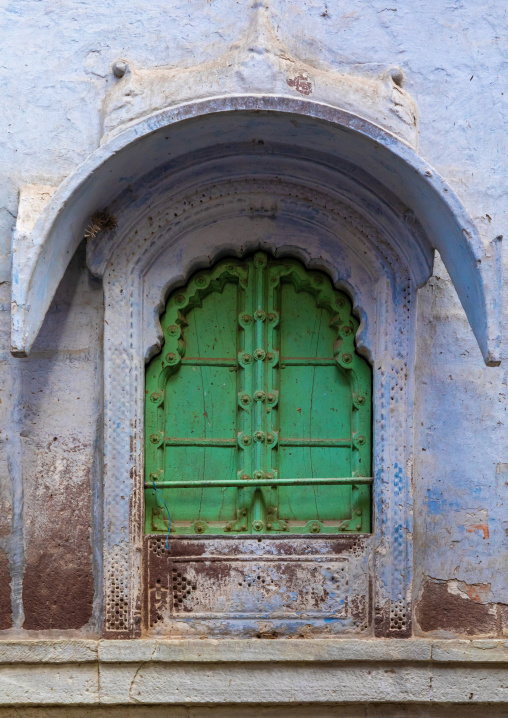 Old green door of a haveli, Rajasthan, Jodhpur, India