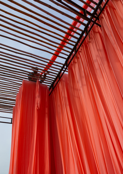 Indian workers drying orange sarees, Rajasthan, Sanganer, India