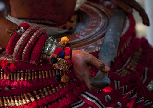 Theyyam Artist And His Wooden Sword During The Ritual, Thalassery, India