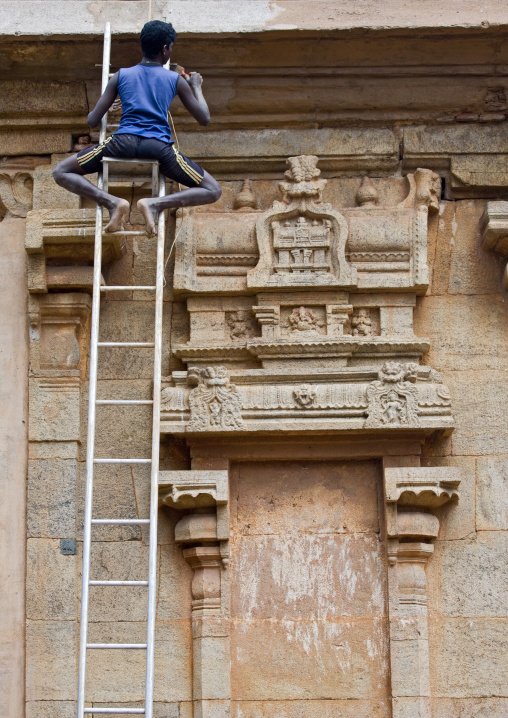 Young Man On A Scale Taking Care Of The Old Stone Of The Brihadishwara Temple, Thanjavur,india