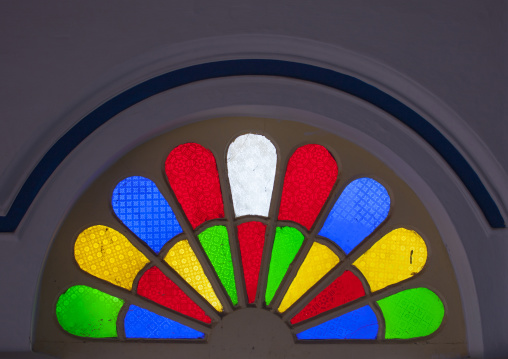 Colorful Tinted Glass In An Arch At The Entrance Of The Chettinad Palace, Kanadukathan Chettinad, India