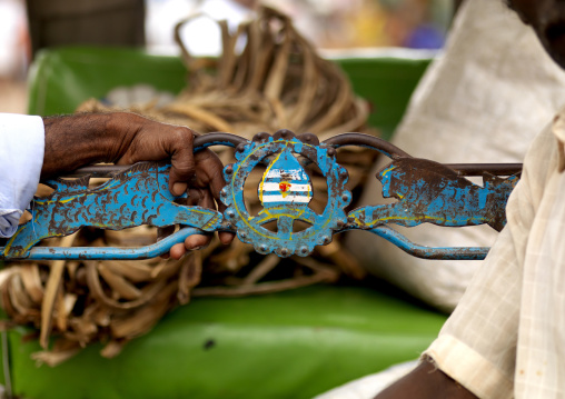 Hand On The Painted Blue Back Of A Seat In A Rickshaw, Trichy, India