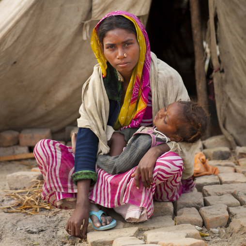 Mother And Baby At Maha Kumbh Mela, Allahabad, India