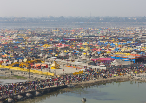 Pilgrims Crossing A Bridge, Maha Kumbh Mela, Allahabad, India