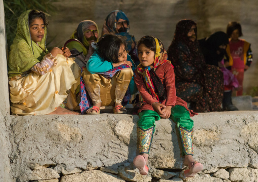 group of girls and women with embroidered traditional trousers, Qeshm Island, Salakh, Iran