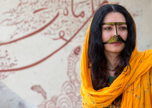 a bandari woman wearing a traditional mask called the burqa with a moustache shape, Qeshm Island, Salakh, Iran