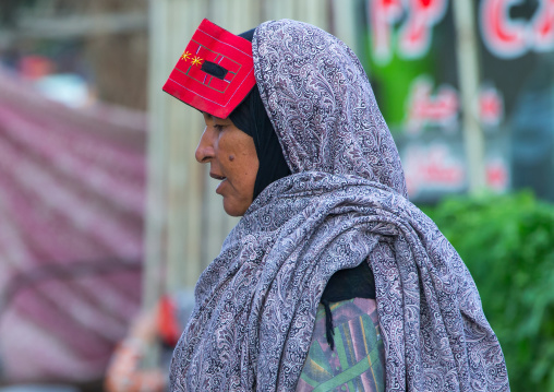 a bandari woman wearing a traditional mask called the burqa at panjshambe bazar thursday market, Hormozgan, Minab, Iran