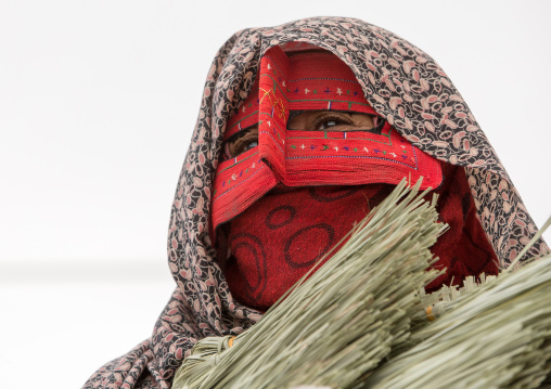 a bandari woman wearing a traditional mask called the burqa at panjshambe bazar thursday market, Hormozgan, Minab, Iran