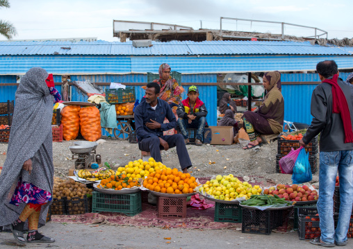 masked woman in panjshambe bazar thursday market, Hormozgan, Minab, Iran