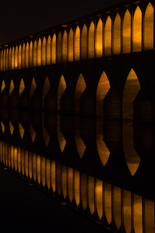 a view of the si-o-seh bridge at night highlighting the 33 arches, Isfahan Province, isfahan, Iran