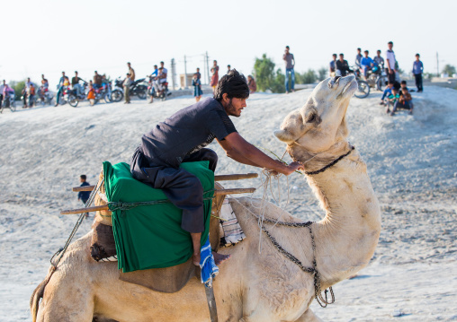 a man racing a camel during a traditional wedding, Qeshm Island, Salakh, Iran