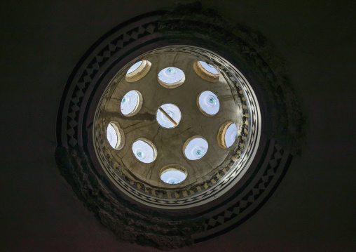 Ceiling with its intricate and elaborate patterns and internal stainless glass dome in sultan amir ahmad bathhouse ceiling, Isfahan province, Kashan, Iran