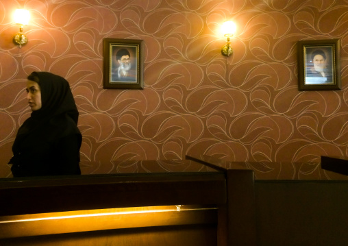 portraits of khameini and khomeini in an hotel reception, Hormozgan, Bandar Abbas, Iran