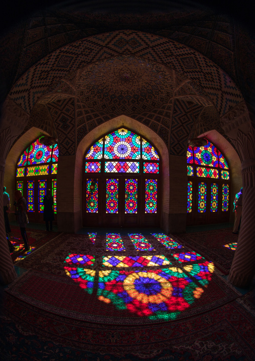 The prayer hall of Nasir ol Molk mosque with its beautiful coloured glass windows, Fars Province, Shiraz, Iran