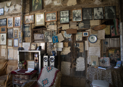 Cafe with the wall decorated with poems and old pictures, Fars Province, Shiraz, Iran